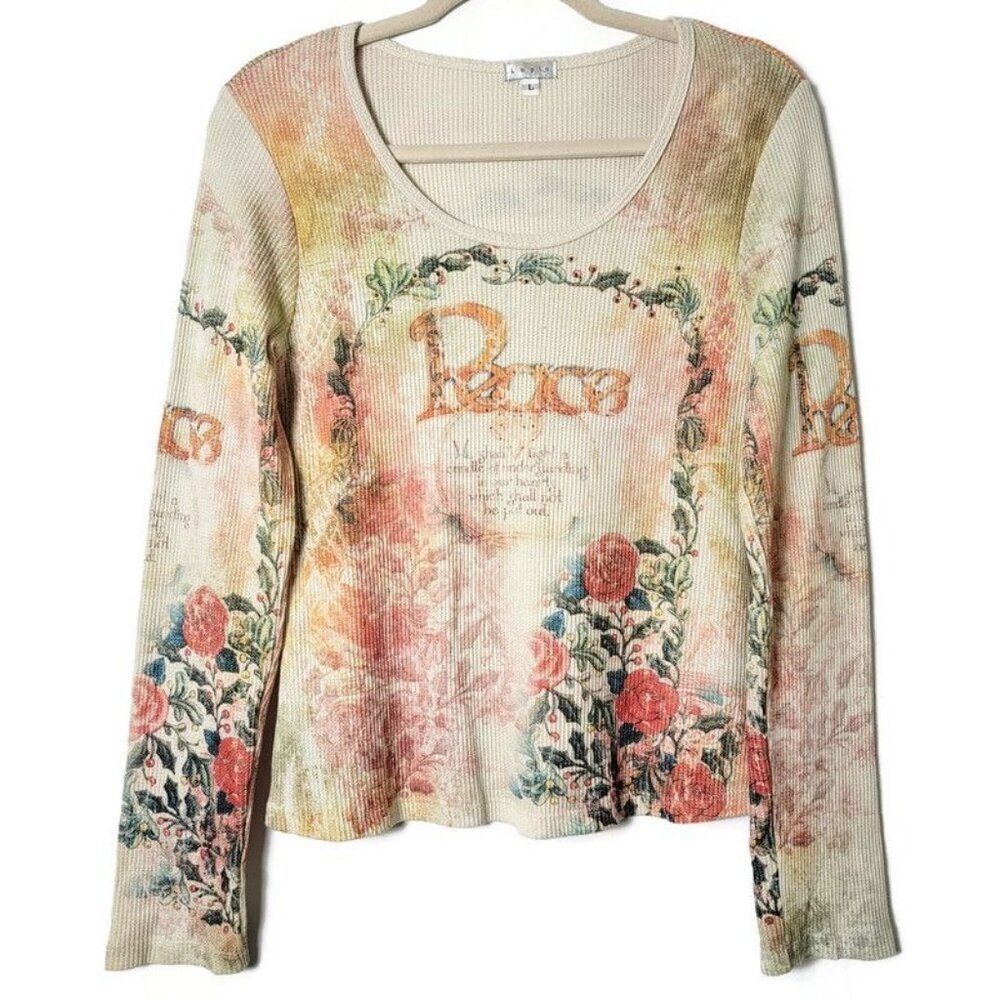 Vintage Lapis Y2K Peace Floral Graphic Thermal Waffle Knit Long Sleeve Top Large